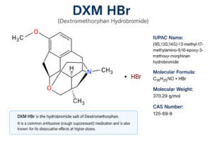 Product Name: DXM HBr (Dextromethorphan Hydrobromide) Synonyms: (+)-3-methoxy-17-methyl-9α,13α,14α-morphinan hydrobromide; d-methorphan hydrobromide; d-3-methoxy-N-methylmorphinan hydrobromide General Description: Dextromethorphan (DXM) is formally described as (+)-3-methoxy-17-methyl-9α,13α,14α-morphinan. It is a synthetic molecule belonging to the morphinan class. Specifically, it is the dextrorotatory enantiomer of levomethorphan. Unlike its levorotatory counterpart, DXM lacks affinity for the μ-opioid receptor and does not produce classical opioid analgesic or respiratory depressive effects at therapeutic doses. It is widely utilized globally as an over-the-counter (OTC) centrally acting antitussive (cough suppressant). However, at supratherapeutic doses, it produces pronounced dissociative and hallucinogenic effects. In analytical, clinical, and forensic toxicology, DXM HBr is utilized as a fundamental reference standard. It is essential for the calibration of analytical instrumentation (such as LC-MS/MS, GC-MS, and HPLC) and the development of screening methodologies to identify and quantify the substance in pharmaceutical formulations, adulterated illicit street drugs, or biological matrices (e.g., whole blood, plasma, urine). Technical Information (Hydrobromide Monohydrate): CAS Number: 6700-34-1 (Hydrobromide Monohydrate) / 125-69-9 (Anhydrous Hydrobromide) / 125-71-3 (Freebase) Molecular Formula: C18H25NO • HBr • H2O Formula Weight: 370.3 g/mol (Monohydrate) / 271.4 g/mol (Freebase) SMILES: [H+].[Br-].O(C)C1=CC=C2C3C(N(C)CCC2=C1)CCCC3.O InChI Key: LALRXHOOWMCOQW-VPENINKCSA-N (Hydrobromide) Formulation: Typically supplied as a neat white crystalline powder or as a certified reference material solution (e.g., 1 mg/mL in methanol). Biological Action: At therapeutic doses, DXM acts on the cough center in the medulla oblongata to elevate the threshold for coughing. Its complex pharmacological profile involves multiple mechanisms of action. DXM acts as a potent sigma-1 (σ1) receptor agonist and acts as a serotonin-norepinephrine reuptake inhibitor (SNRI). Upon ingestion, DXM is heavily metabolized in the liver by the cytochrome P450 enzyme CYP2D6 into its primary active metabolite, dextrorphan (DXO). Both DXM and DXO act as uncompetitive antagonists at the ionotropic N-methyl-D-aspartate (NMDA) receptor. At supratherapeutic doses, this profound NMDA receptor blockade heavily mediates its dissociative anesthetic-like effects, which are clinically similar to those of ketamine or PCP. Regulatory and Safety Information: Intended Use: This product is intended strictly for use as an analytical reference standard for forensic, toxicological, pharmaceutical, and academic research purposes. Warning: Pure bulk material is harmful if swallowed, inhaled, or absorbed through the skin. It is not intended for human consumption outside of approved, formulated pharmaceutical preparations. Legal Status: Dextromethorphan is uniquely excluded from the United States Controlled Substances Act (CSA) and is widely available as an OTC medication. However, due to its documented potential for recreational abuse (a practice colloquially known as "robo-tripping"), the sale of OTC products containing DXM is restricted to individuals 18 or older in several U.S. states. Procurement of the bulk active pharmaceutical ingredient (API) or analytical standard requires no special DEA licenses, but handling should occur within professional laboratory environments using appropriate Personal Protective Equipment (PPE) such as safety glasses, chemical-resistant gloves, and a laboratory coat.